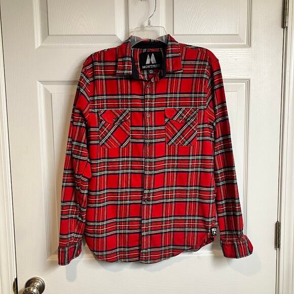 Montfort Lumberjack Red Plaid Long Sleeve Flannel Button Down Shirt Womens L - Picture 1 of 9